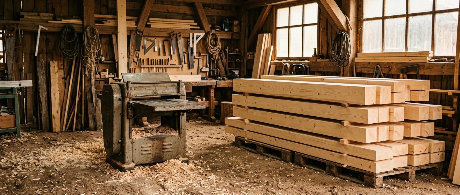 Atelier de prelucrare a lemnului, cu mașină de rindeluit